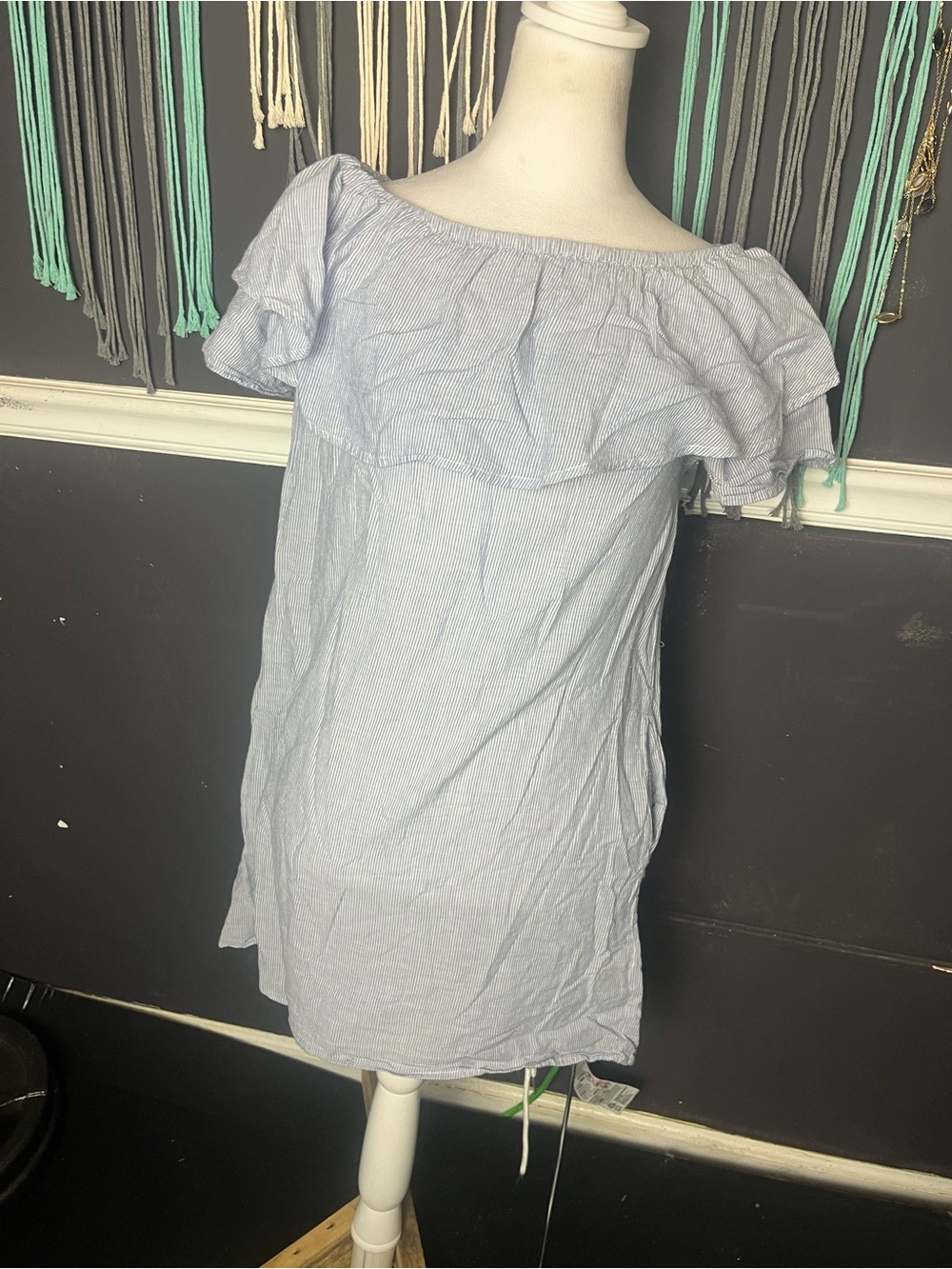 Umgee blue & white striped off the shoulder babydoll dress size small